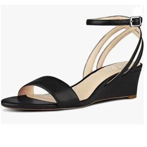 YDN Black Open Toe Low Heel Wedge Sandals Ankle Straps Slingback Summer